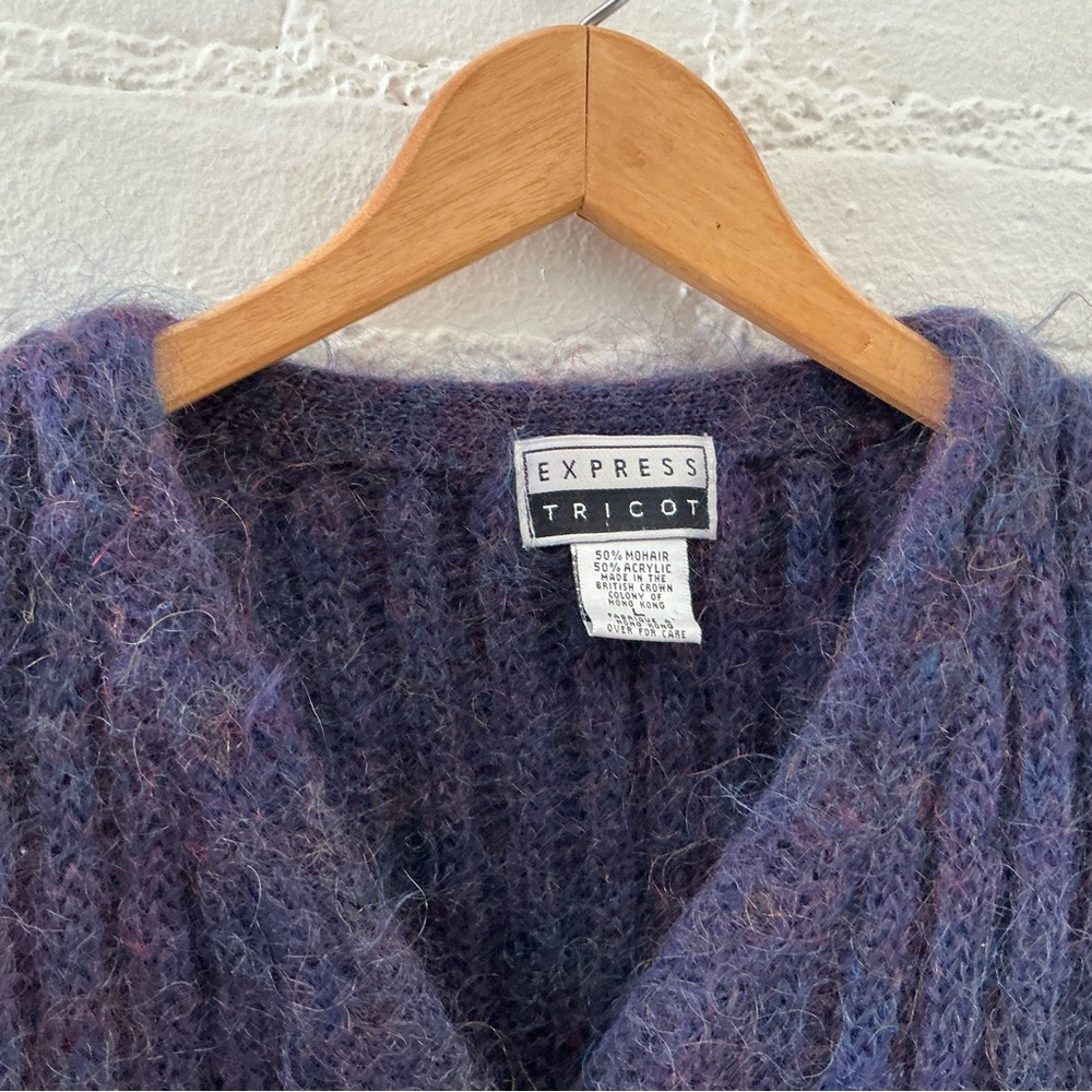Vintage 90s Express Tricot Mohair Blend Boxy Chunky Cardigan Sweater Grandpa L - Picture 2 of 13